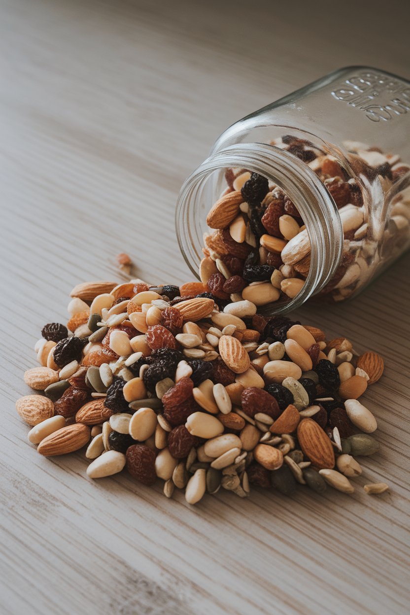 Indoor photo of a mason jar spilling homemade trail mix of almonds, peanuts, raisins, and sunflower seeds onto a wooden countertop; neutral background, no text or logos