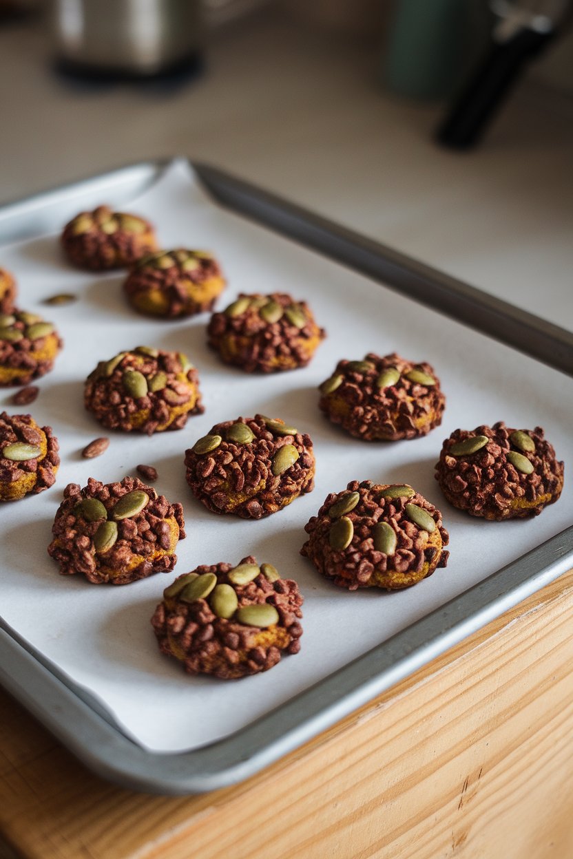 Indoor tray of small cookies studded with cacao nibs and pumpkin seeds. No text or logos.