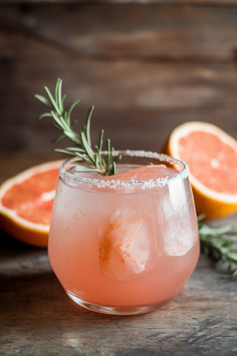 Photo indoors, stemless glass of blush-pink grapefruit margarita, rosemary sprig and grapefruit wedge side by side; no logos.