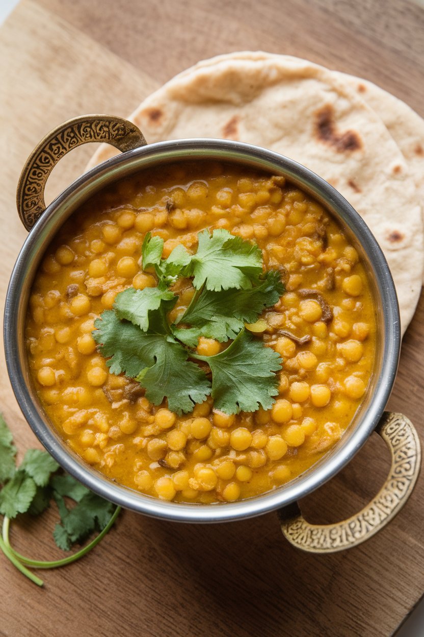 An indoor metal bowl of yellow lentil dal garnished with cilantro and served with flatbread on the side; photo only, no text or logos.