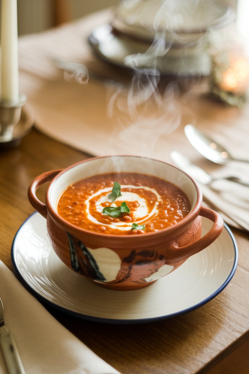 Photo of a ceramic soup bowl filled with steaming red lentil soup topped with a swirl of yogurt, all on an indoor dining table. No logos or text.