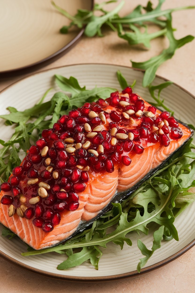 Indoor plate showing cooked salmon fillet coated in shiny pomegranate glaze and sprinkled with seeds. No logos or text.