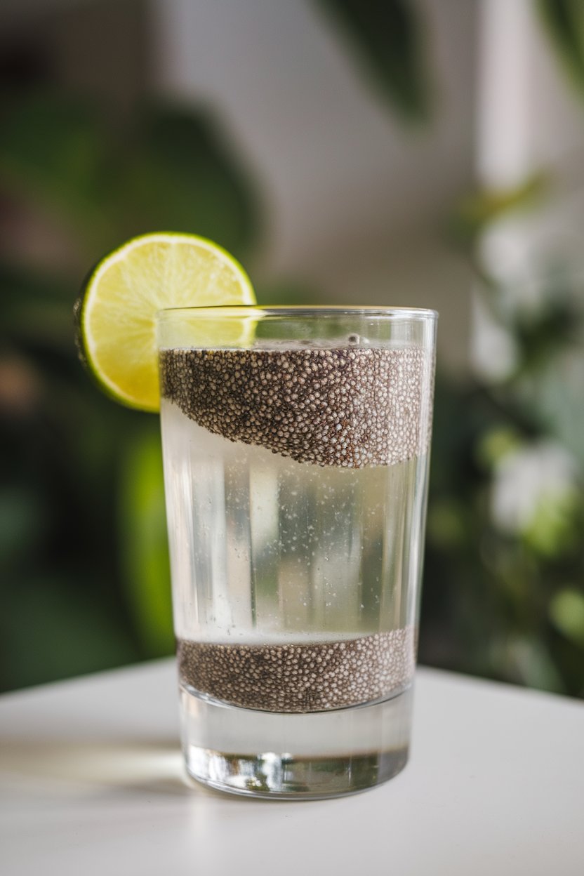 A photo of a tall indoor glass with hydrated chia seeds suspended in pale lime water, a lime wedge on rim; no text or logos.