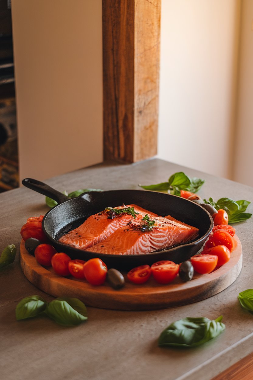 An indoor kitchen island featuring a shallow skillet of cooked salmon surrounded by burst cherry tomatoes, Kalamata olives, and fresh basil leaves. Warm light, no logos in sight.