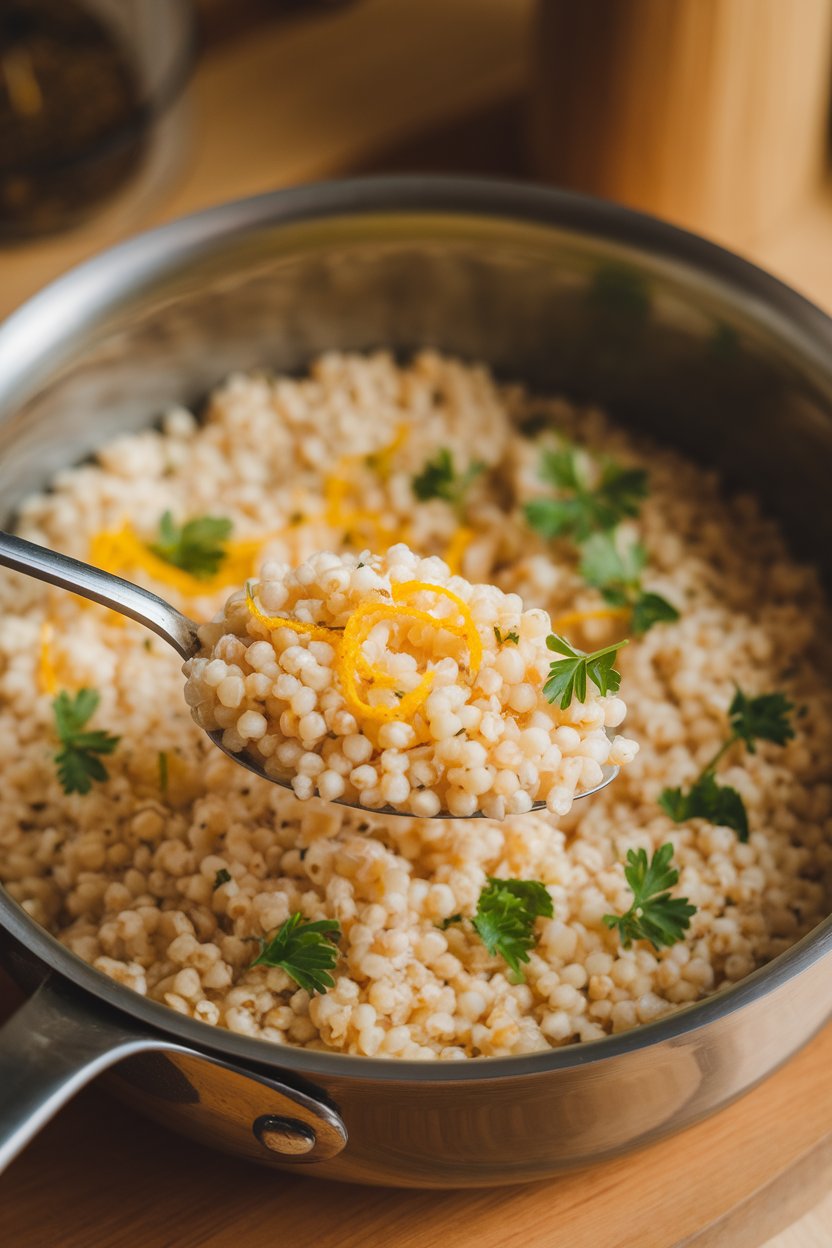 Indoor photo of fluffy cooked millet seasoned with lemon zest and parsley in a saucepan, spoon fluffed through. No text or logos; photo.