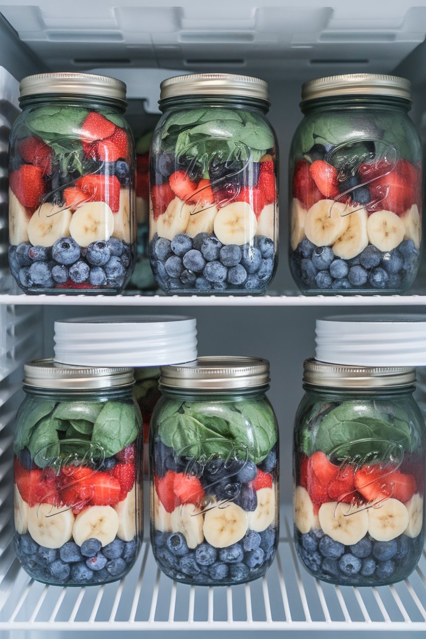 Freezer shelf loaded with mason jars containing layered frozen berries, spinach, and banana slices, lids off to reveal colors, no logos.