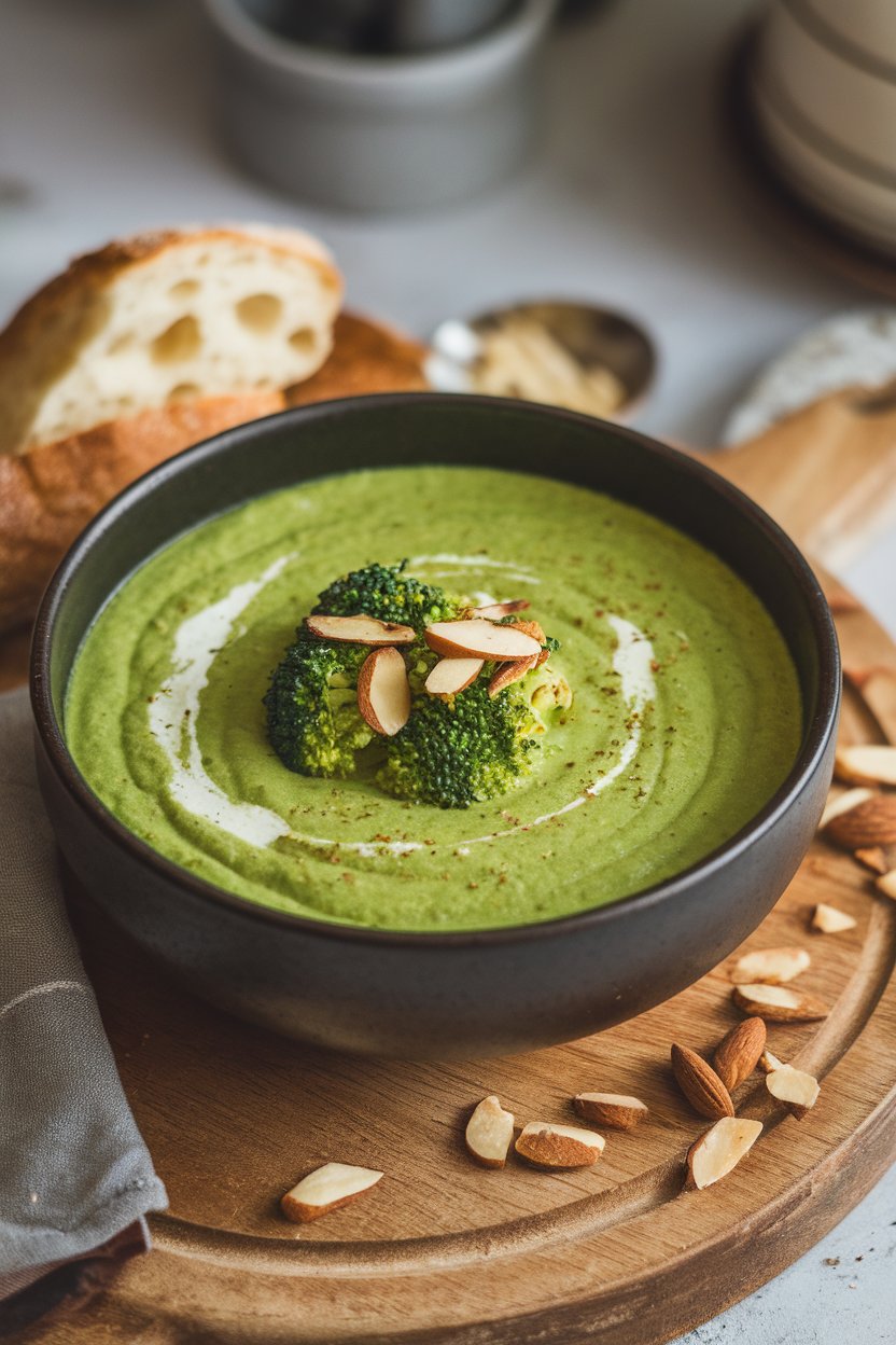 An indoor bowl of creamy green broccoli soup garnished with slivered toasted almonds; no text or logos; photo.