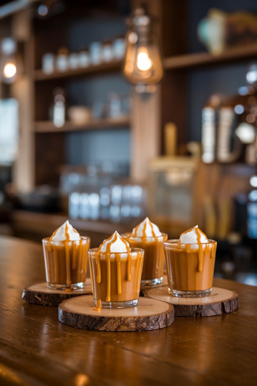 Photo of golden-caramel shots with a tiny whipped-cream dot and butterscotch drizzle, indoor bar; no branding.