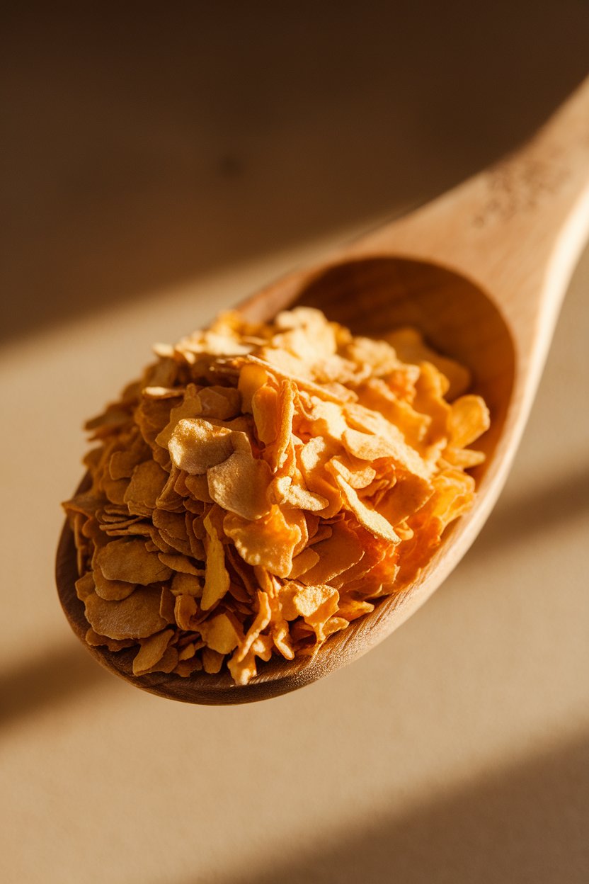 Photo of golden nutritional yeast flakes in a wooden spoon indoors, gentle overhead light, no text or logos