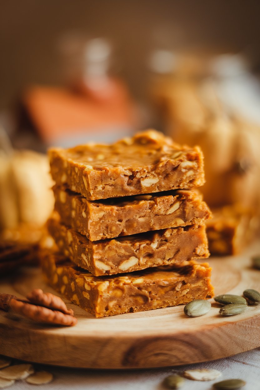 Photo of neatly cut pumpkin spice energy bars stacked on an indoor wooden board. No logos or text.