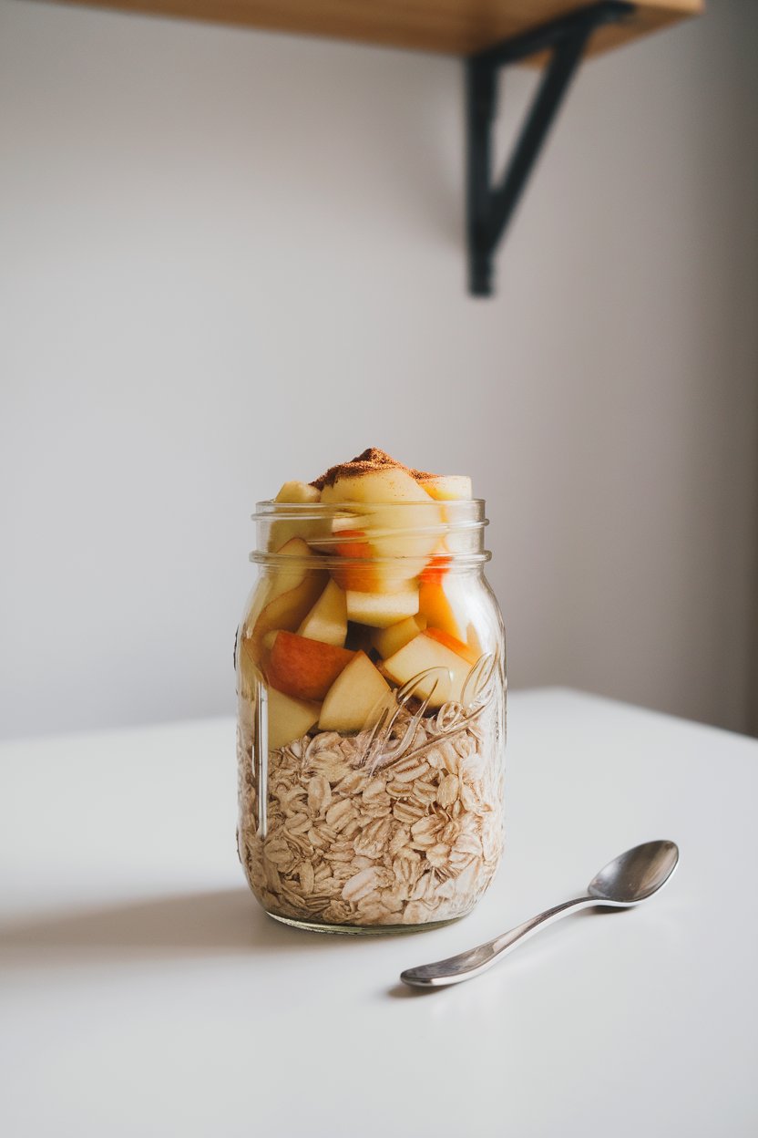 An indoor kitchen table featuring a mason jar layered with oats, diced apples, and a dash of cinnamon, set beside a small spoon. No text or logos. Photo.