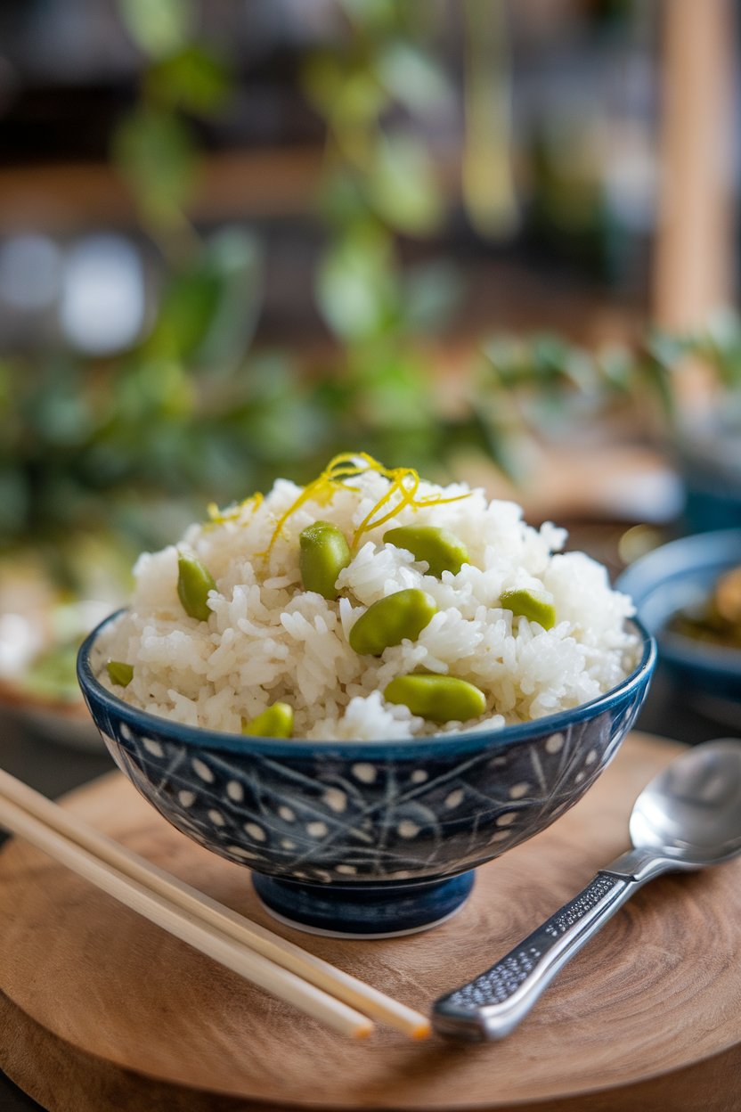 A serving bowl indoors featuring fluffy white rice flecked with green edamame and lime zest; photo only, no text or logos.
