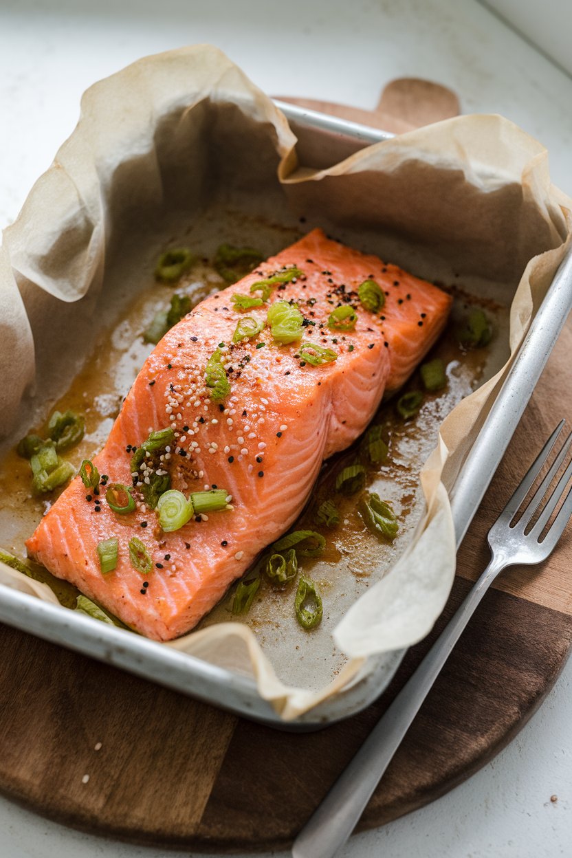 Indoor dining table with a parchment-lined baking dish holding cooked salmon fillet glazed with a light brown miso mixture, garnished with sesame seeds and scallions. No raw fish, no text or logos.