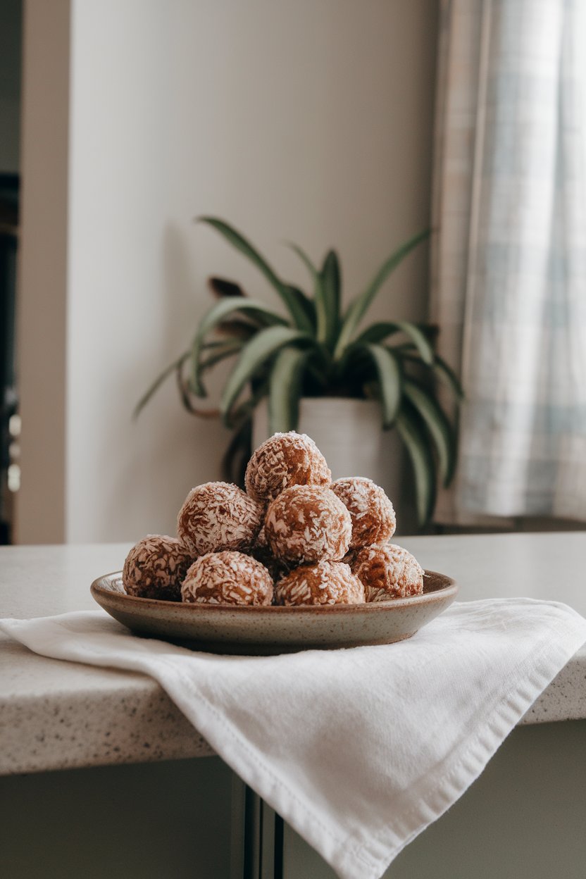A small plate on a kitchen island indoors featuring several peanut butter oat energy balls rolled in shredded coconut. No visible text or logos.