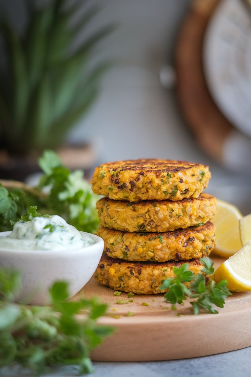Indoor photo of golden chickpea quinoa patties stacked beside a small bowl of yogurt cucumber dip. No text or logos.