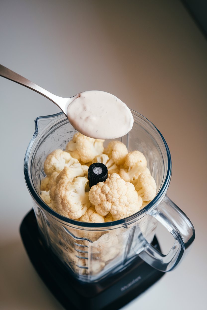 Indoor photo of a blender jar filled with steamed cauliflower puree beside a spoonful of rich white sauce for comparison. Overhead kitchen lighting, no text or logos.