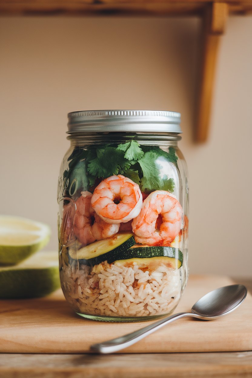 A mason jar layered with cooked brown rice, sautéed spicy shrimp, roasted zucchini, and cilantro, indoors with soft lighting, no text or logos.