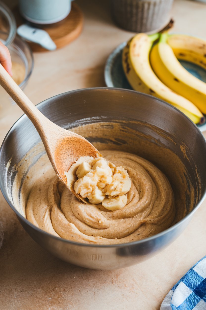 An indoor mixing bowl with mashed banana being folded into whole-wheat muffin batter, wooden spoon in hand. No text or logos visible.