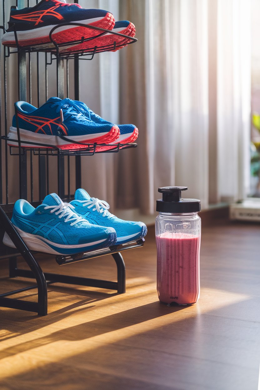 Photo of an indoor running-shoe rack beside a blender bottle of berry protein shake; morning light; no text or logos.