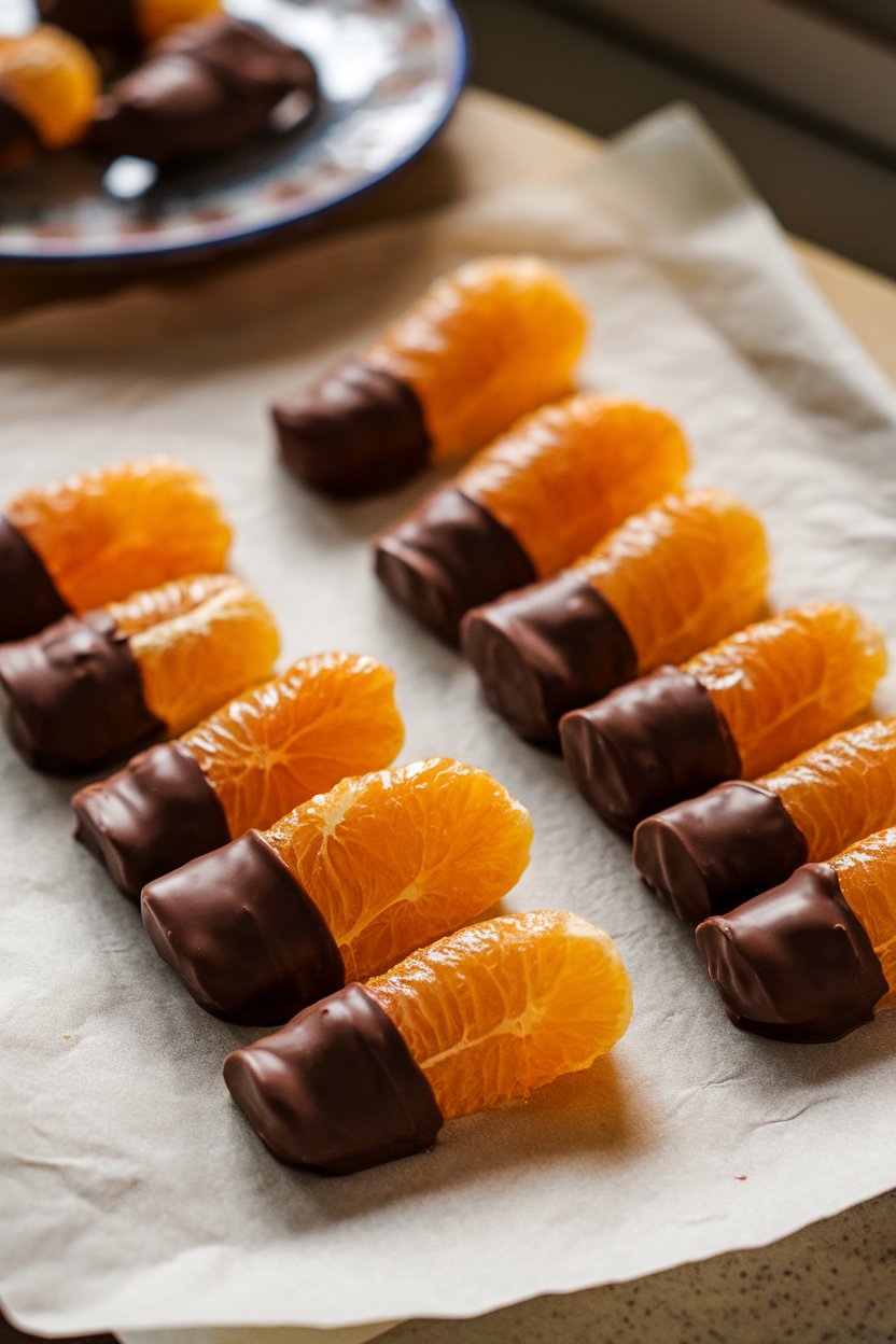 Candied orange peel strips half-dipped in dark chocolate, set on parchment indoors to cool. No text or logos.