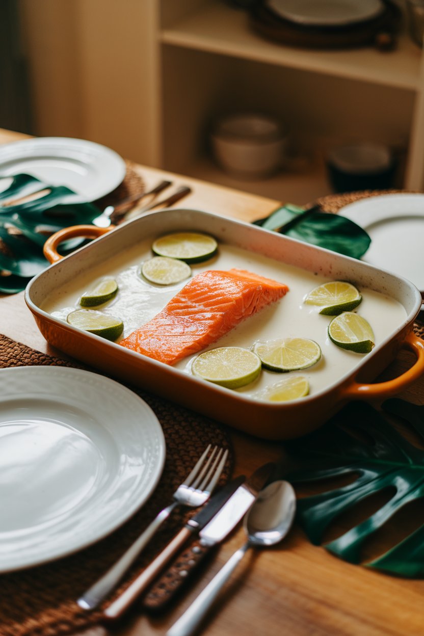 A warmly lit indoor table with a baking dish of salmon bathed in creamy coconut milk, lime wedges floating on top. No text or logos on dishware.