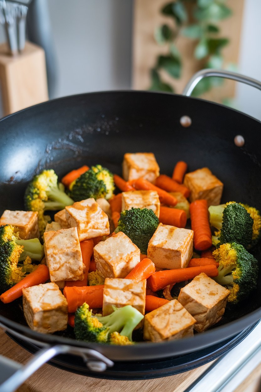 An indoor wok filled with golden tofu cubes, broccoli florets, and carrots glazed in teriyaki sauce; no text or logos.