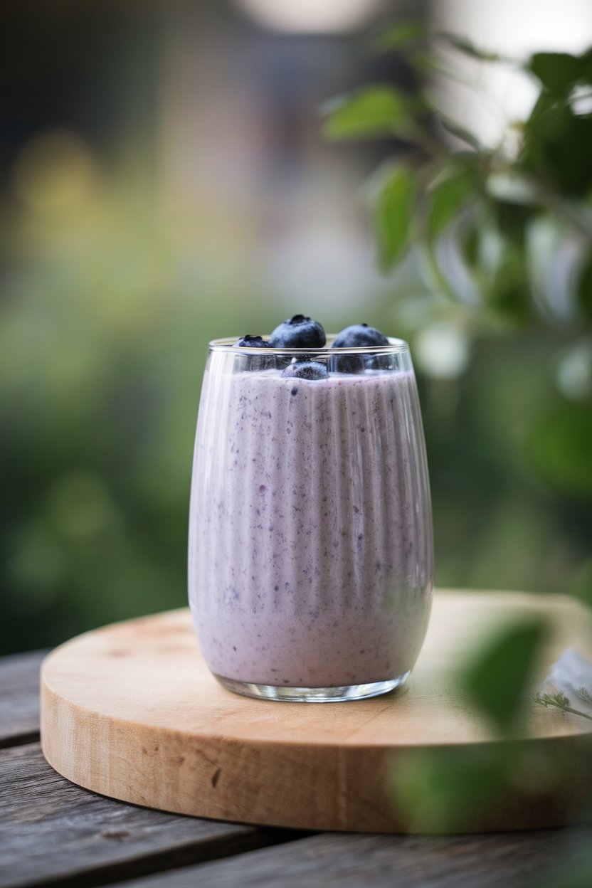 Glass indoors of pale purple blueberry kefir smoothie with a few berries on top, photographed in soft morning light. No text or logos anywhere.