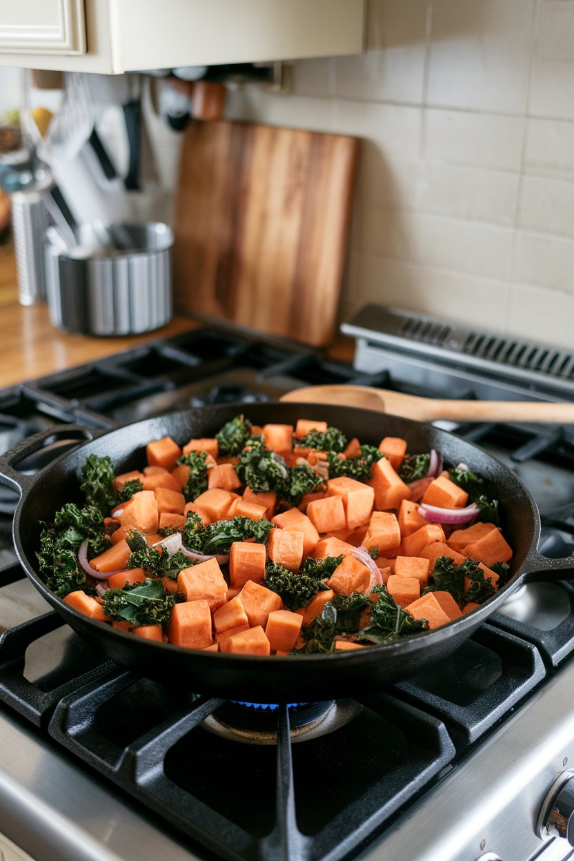 A cast-iron skillet on an indoor stove top containing cubed sweet potatoes, kale ribbons, and red onion, all lightly browned. No logos or text.