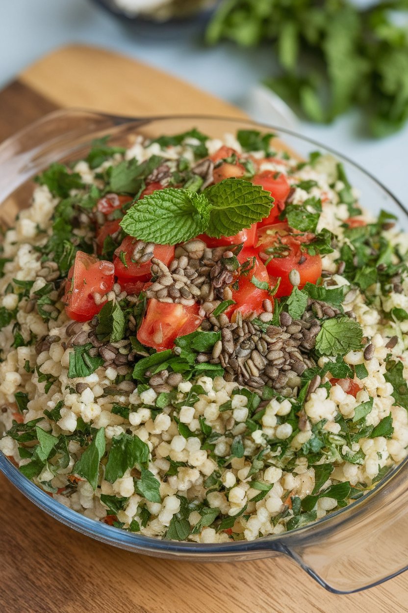 Photo, indoors, shallow salad dish of bulgur tabbouleh brimming with parsley, mint, diced tomatoes, and hemp seeds. No text or logos.