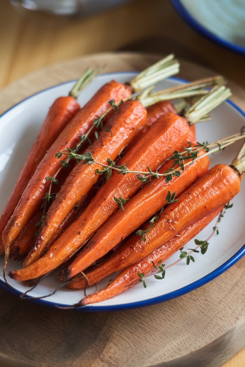 An indoor serving dish of slender roasted carrots coated with honey and fresh thyme leaves; no text or logos, photo only