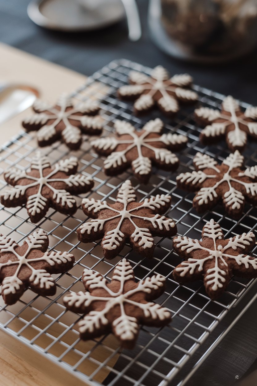 Snowflake-shaped chocolate cookies on a cooling rack indoors, lightly dusted with cacao powder “snow.” No logos.