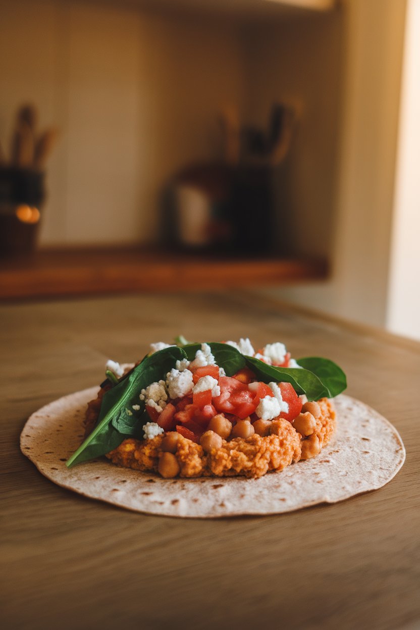Indoor kitchen table with an open wrap showcasing mashed chickpeas, fresh spinach leaves, diced tomatoes, and crumbled feta on a soft wheat tortilla. Warm light, no text or logos in view. Photo only.