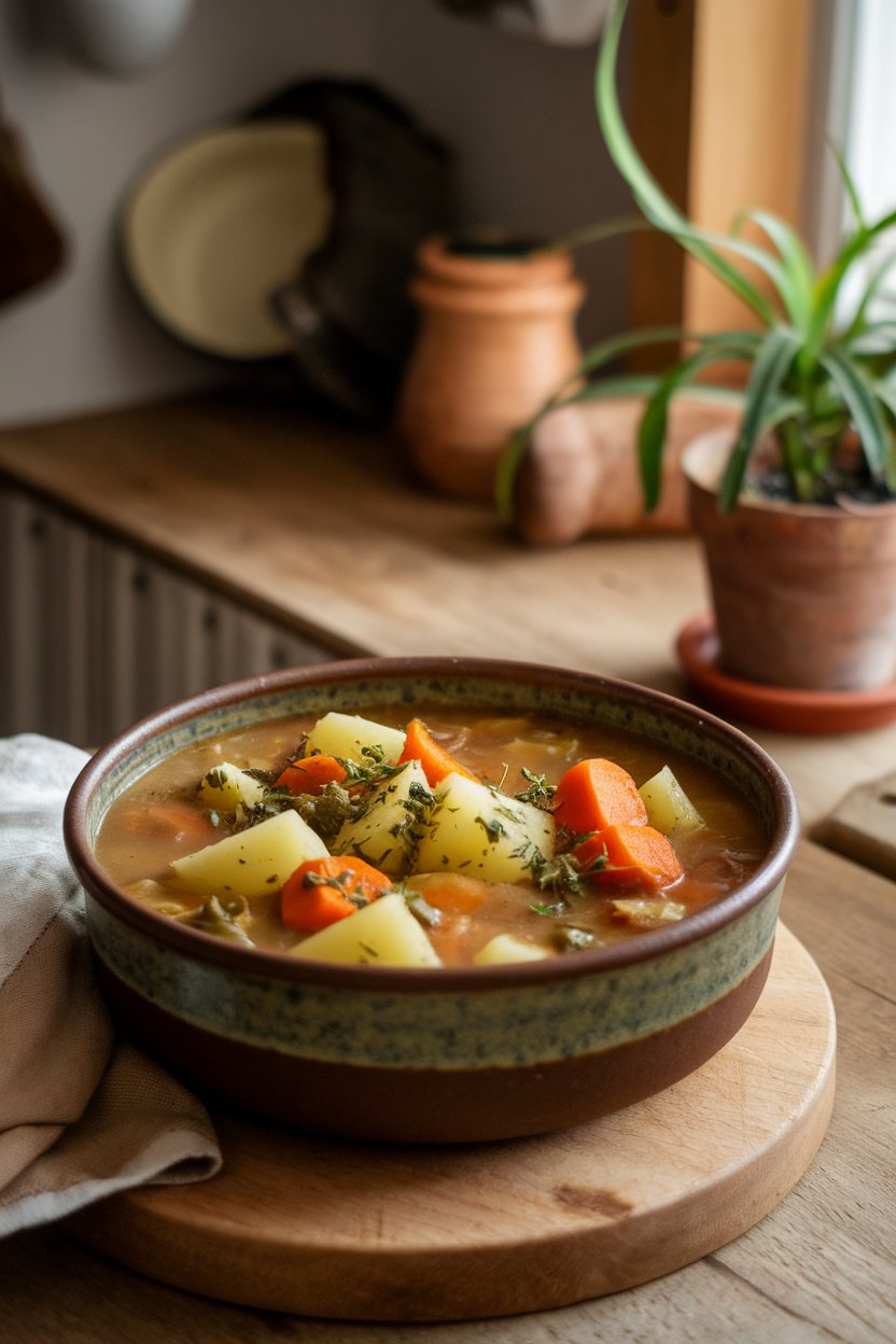 Indoor photo of hearty winter vegetable stew with potatoes, carrots, and herbs visible in thick broth, shot in cozy lighting; no text or logos