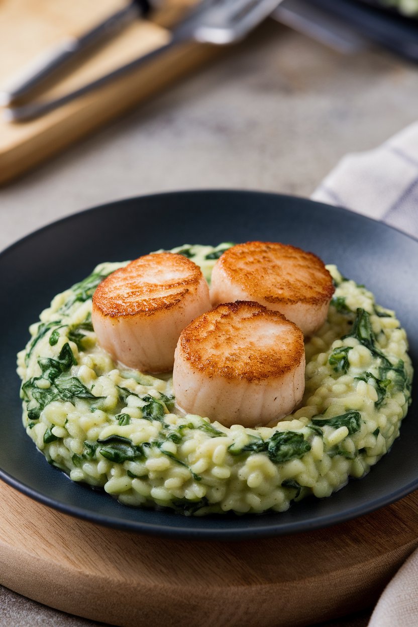 Indoor plate showing golden seared scallops atop creamy green spinach risotto. No logos.