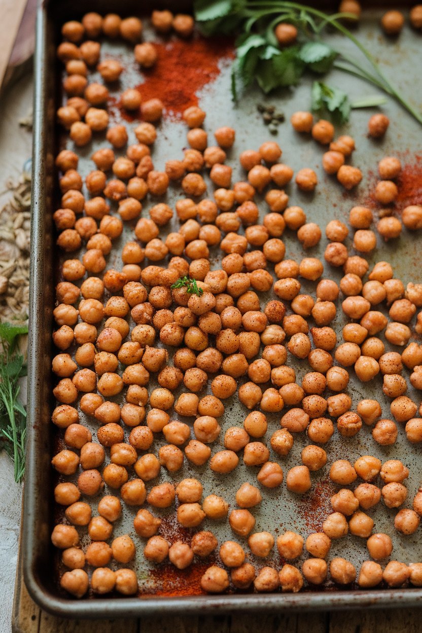 An indoor baking tray with roasted chickpeas dusted in paprika and cumin, photo, no text or logos.