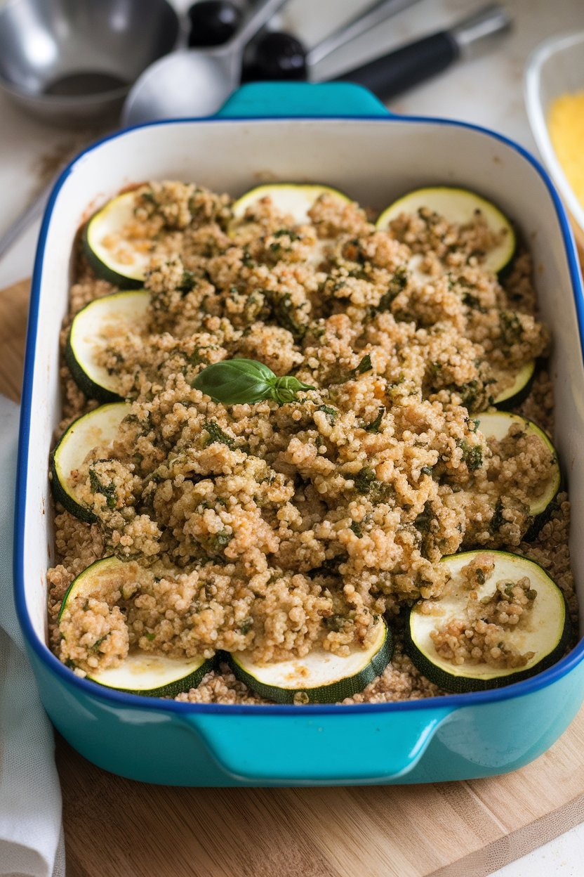 Indoor casserole dish brimming with baked quinoa, zucchini rounds, and a basil pesto crust. No textual elements or logos.