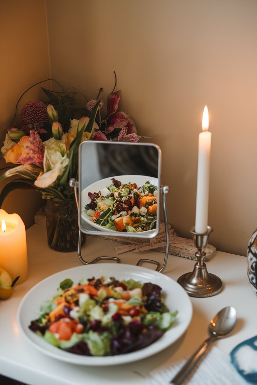 Photo of an indoor vanity table holding a small mirror reflecting a plate of colorful salad; warm ambient lighting; no text or logos.