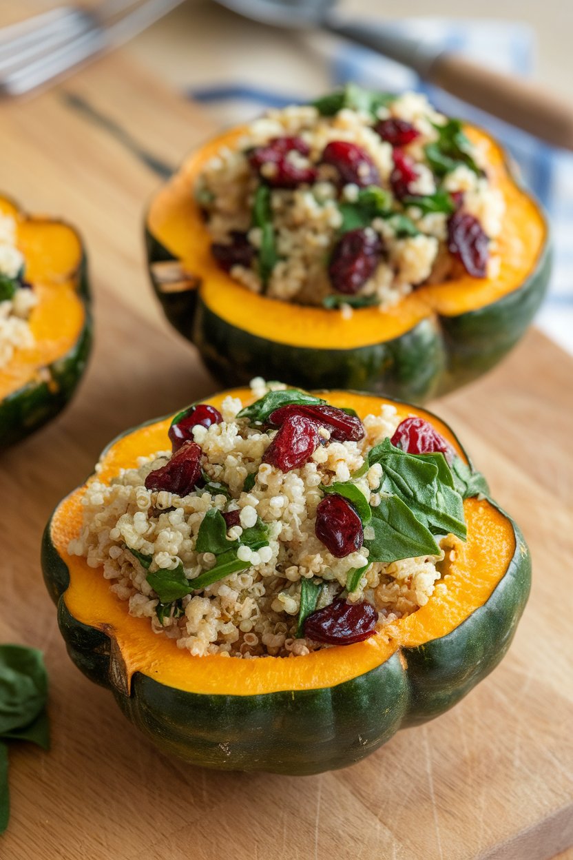 Acorn squash halves indoors, hollowed and filled with quinoa, cranberries, and chopped spinach, lightly browned tops. No text or logos.