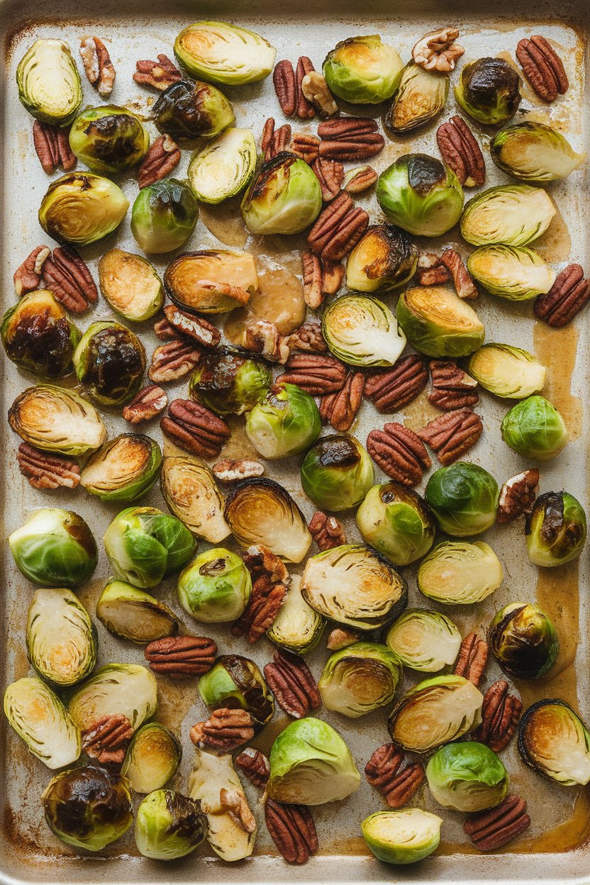 Indoor photo of halved Brussels sprouts caramelized on a sheet pan with toasted pecans and a light maple glaze. No text or logos.