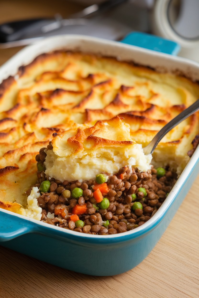 Indoor casserole dish of lentil shepherd’s pie, mashed potato topping browned, a serving spoon revealing filling of lentils and mixed veggies. No text or logos, photo not illustration.