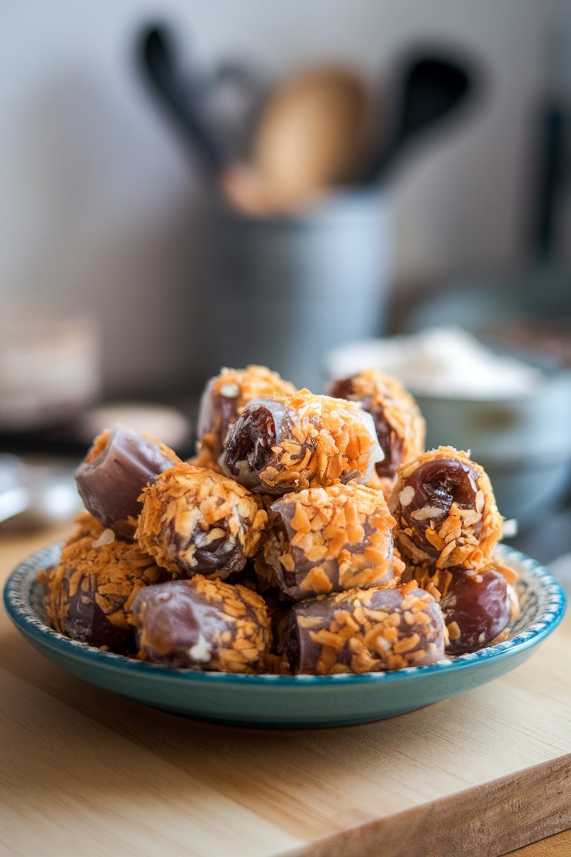 Indoor plate lined with date rolls coated in golden toasted coconut flakes. No text or logos.