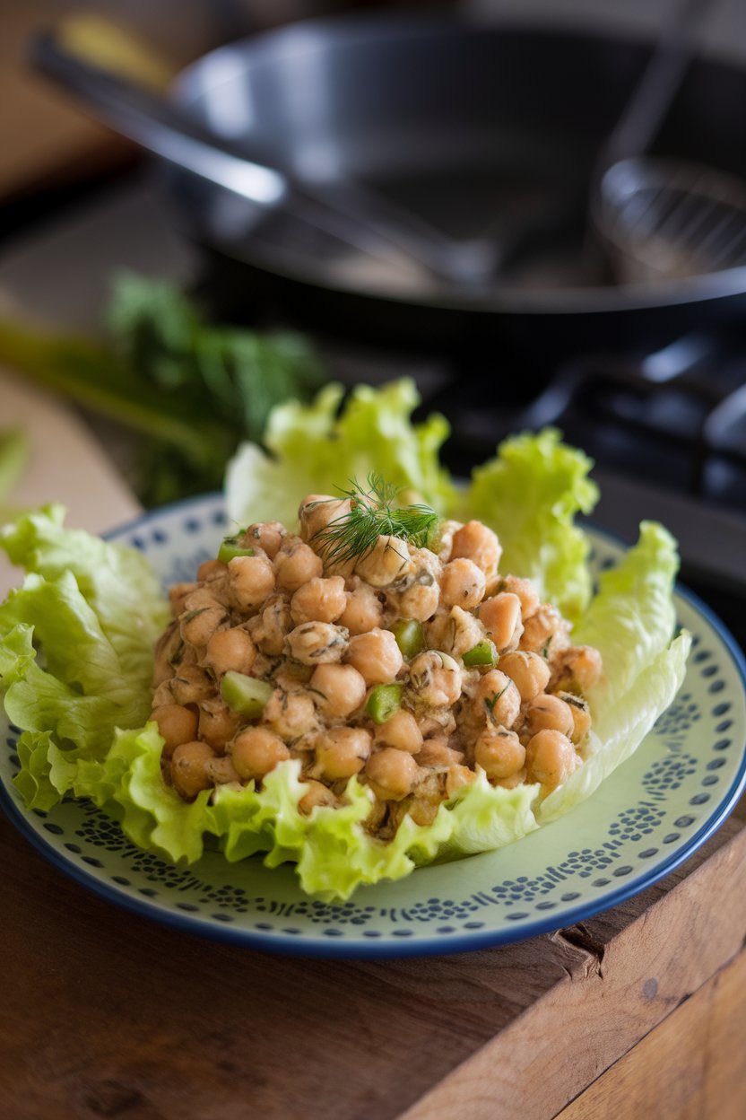 Photo, indoors, butter lettuce leaves filled with mashed chickpea salad dotted with celery and dill. No text or logos.