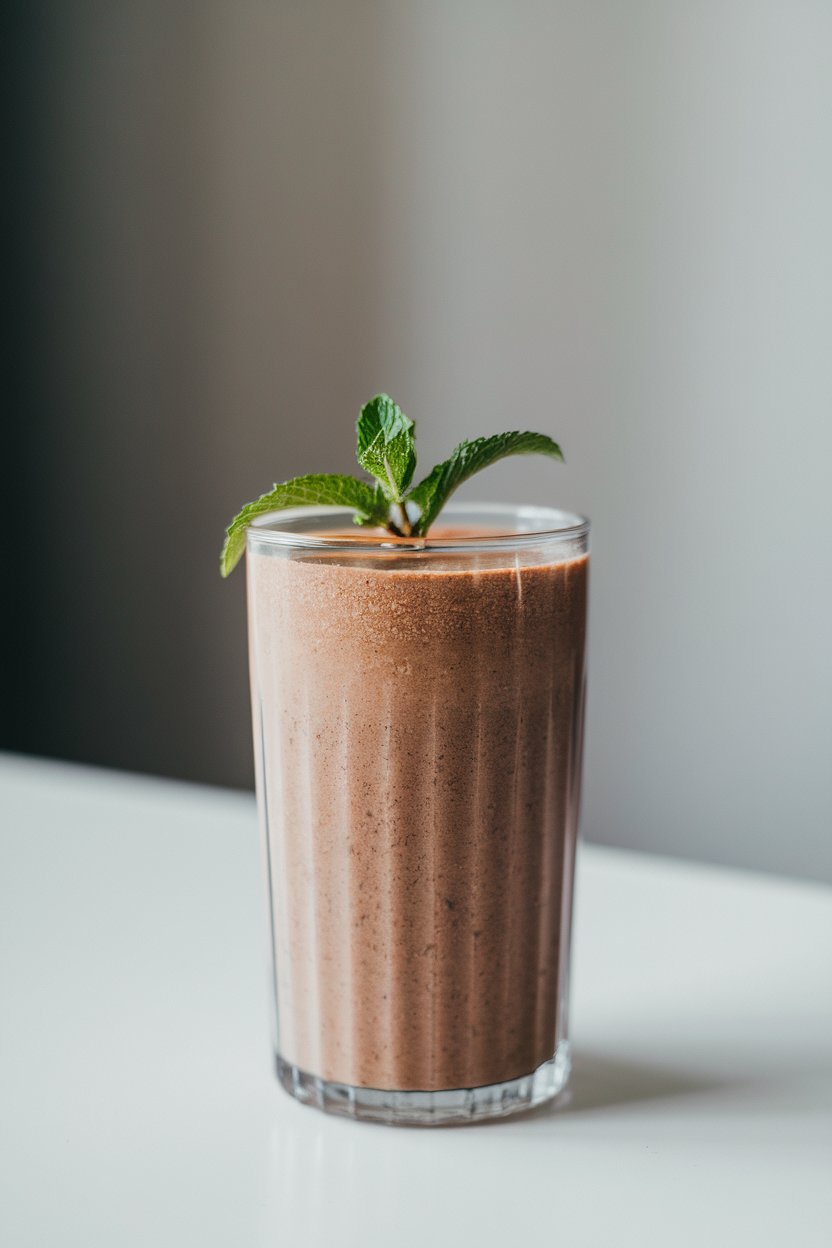 A photo of an indoor tall glass filled with chocolate-brown smoothie, small mint sprig garnish; no text or logos.