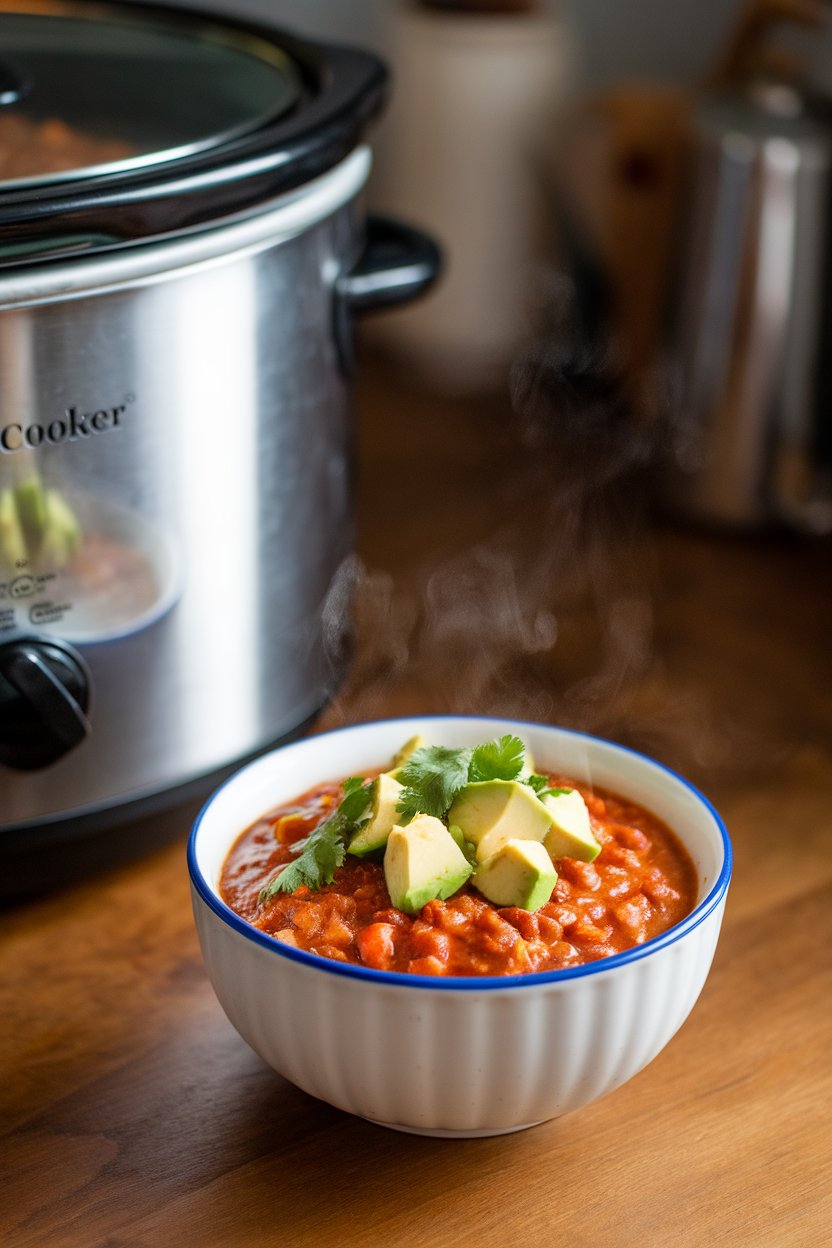 Indoor slow cooker next to a bowl of hearty turkey chili topped with diced avocado and cilantro, steam visible. No text or logos, photo not illustration.
