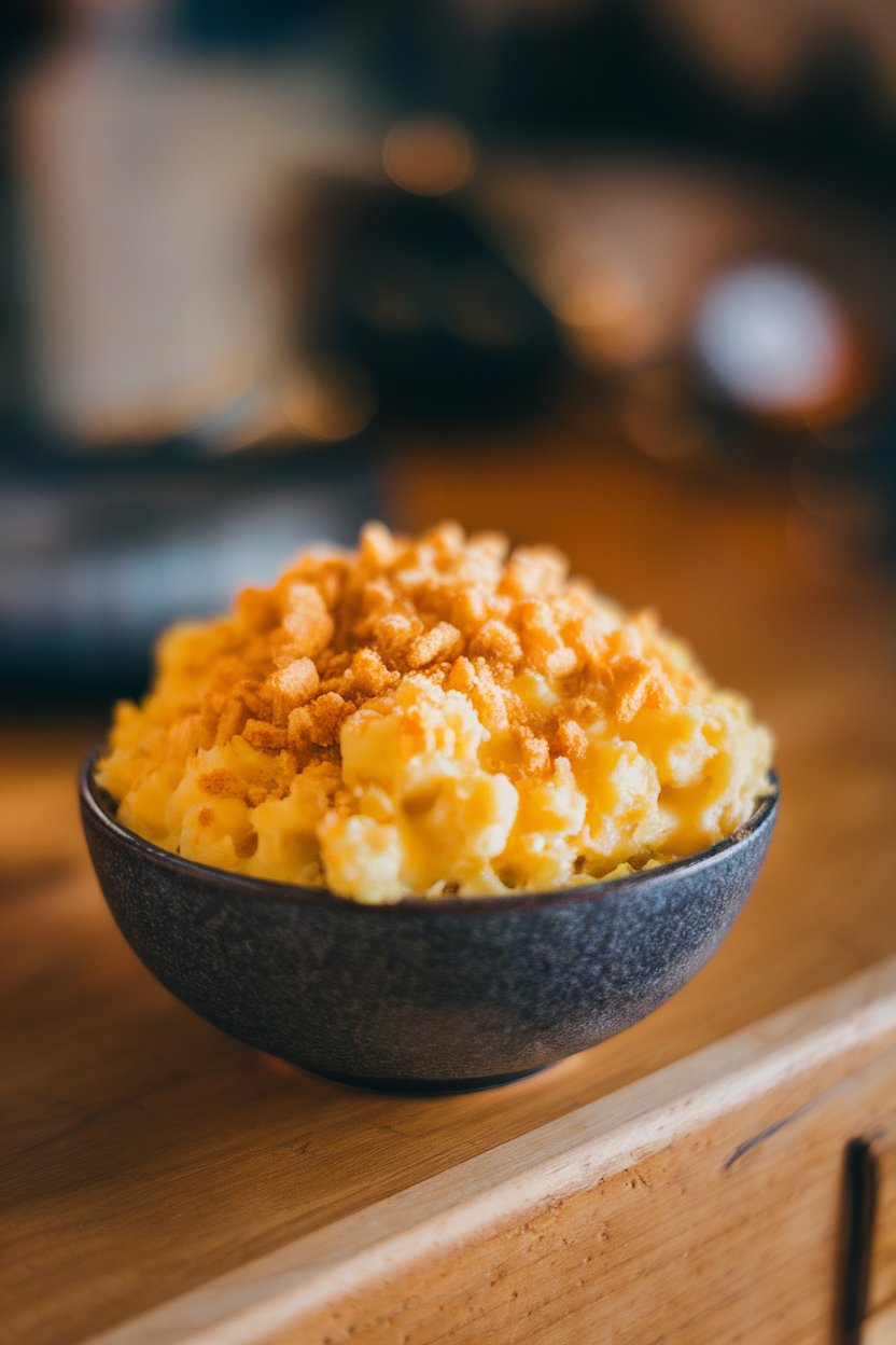 An indoor bowl of cauliflower “mac” and cheese, golden crumbs on top; no logos. Photo only.