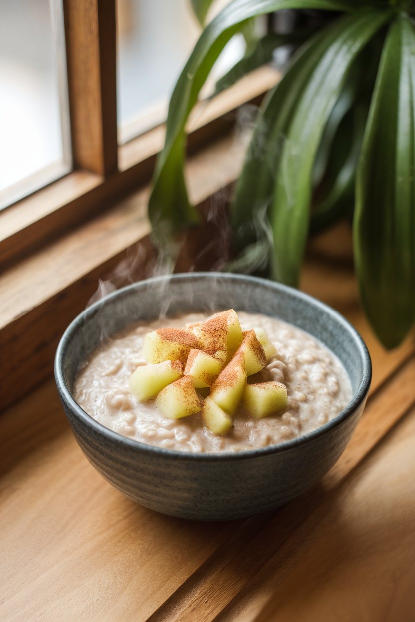 Photo of a bowl of steaming steel-cut oats topped with diced apple and a dusting of cinnamon, sitting on an indoor breakfast nook. No logos or text present.