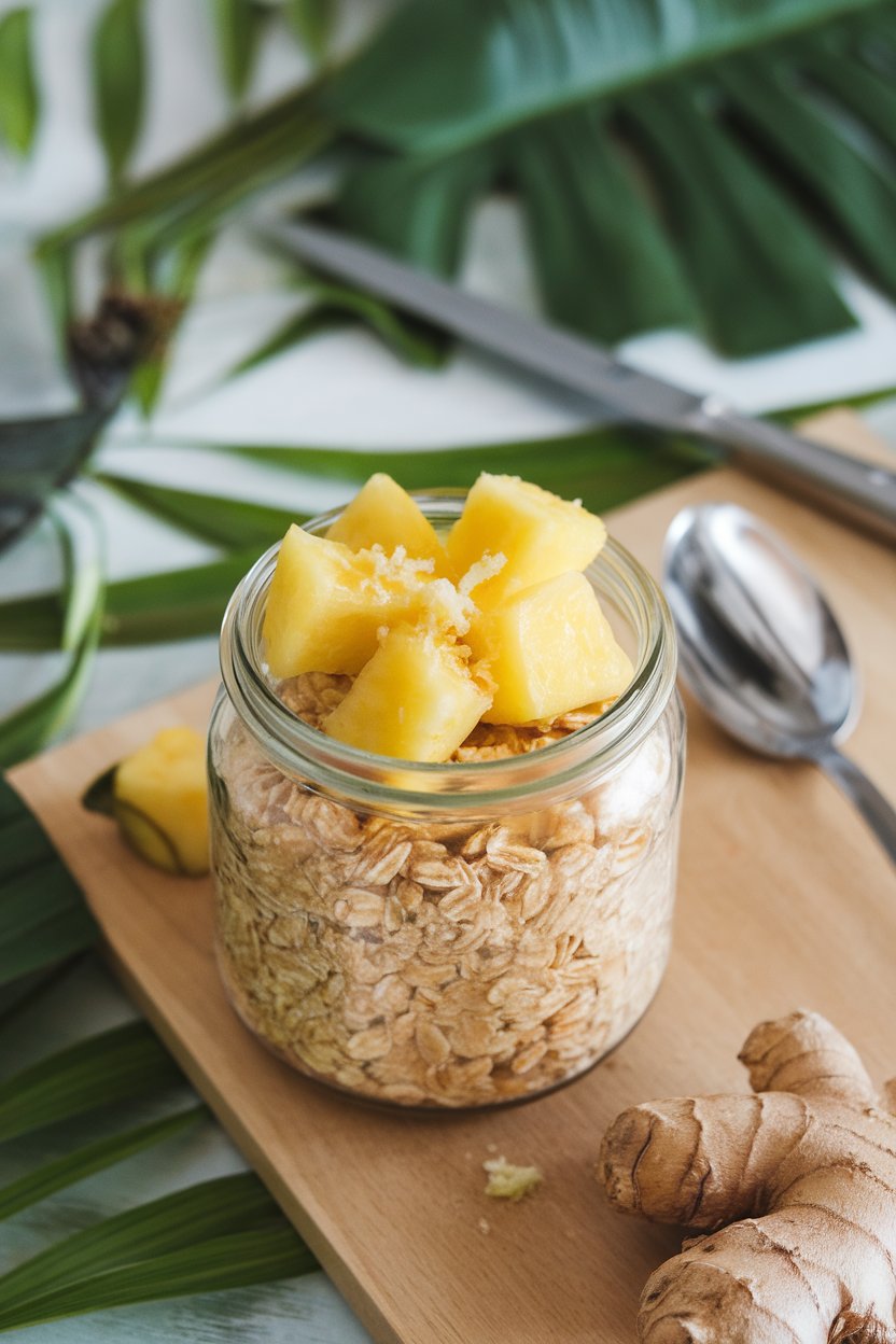 Indoor tropical-inspired kitchen photo of a jar with golden oats, pineapple chunks on top, and a pinch of grated ginger visible. No branding. Photo only.