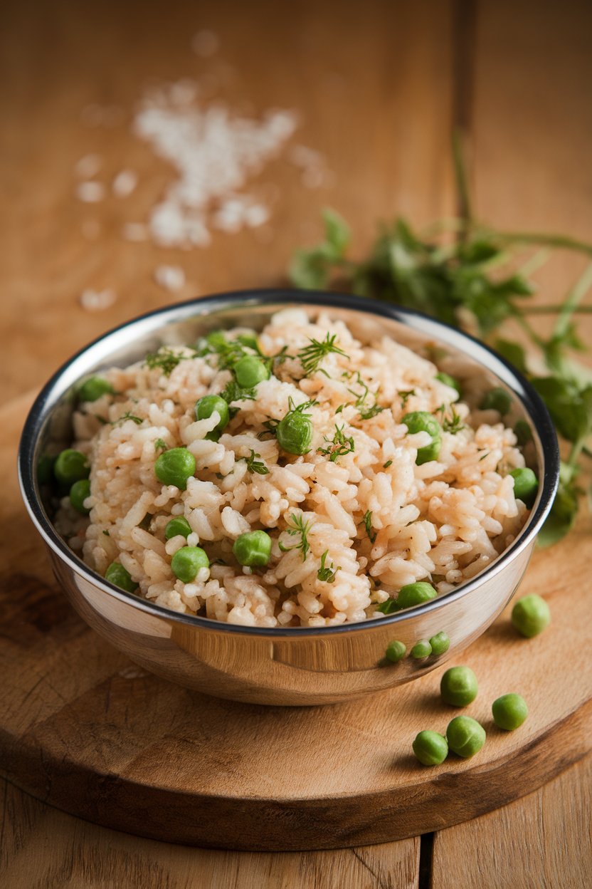 Indoor food photo of fluffy brown rice pilaf with peas and chopped herbs in a stainless-steel serving bowl; evening kitchen lighting, no text or logos.