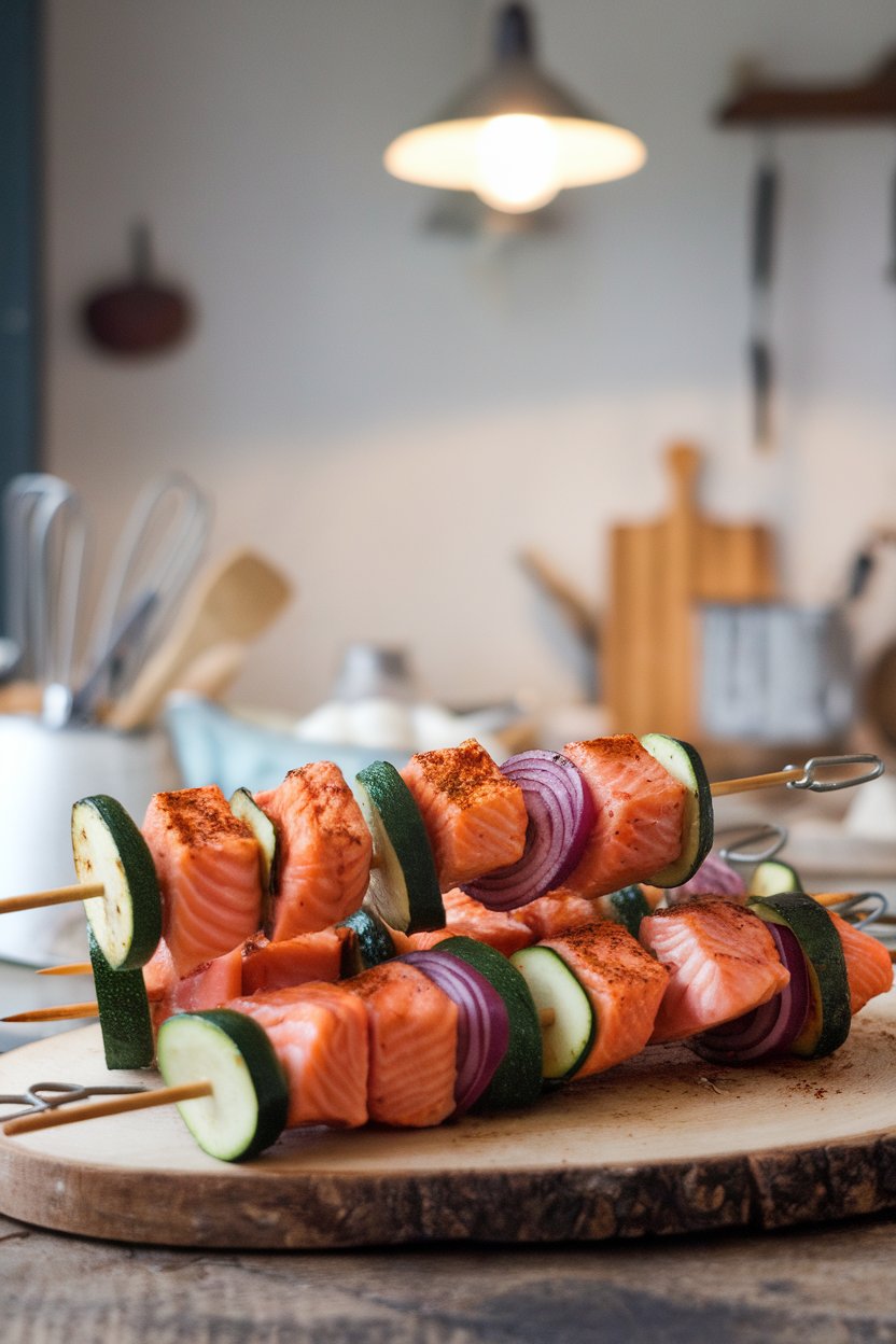 An indoor dining table showcasing skewers of cooked salmon cubes, red onion, and zucchini, all dusted with smoked paprika and char marks visible. No text or logos on plates.