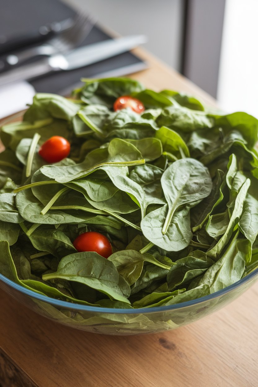 Indoor photo of a large salad bowl piled high with vibrant fresh spinach leaves, slight overhead angle, no text or logos